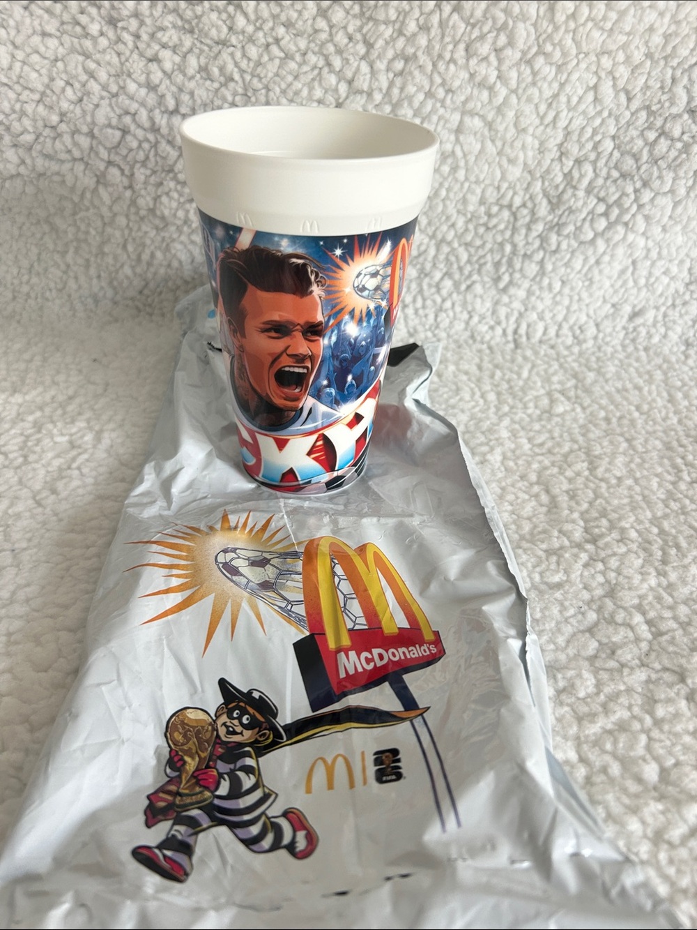 McDonald's White Soccer Graphic Promo Cup with Red and Blue Accents